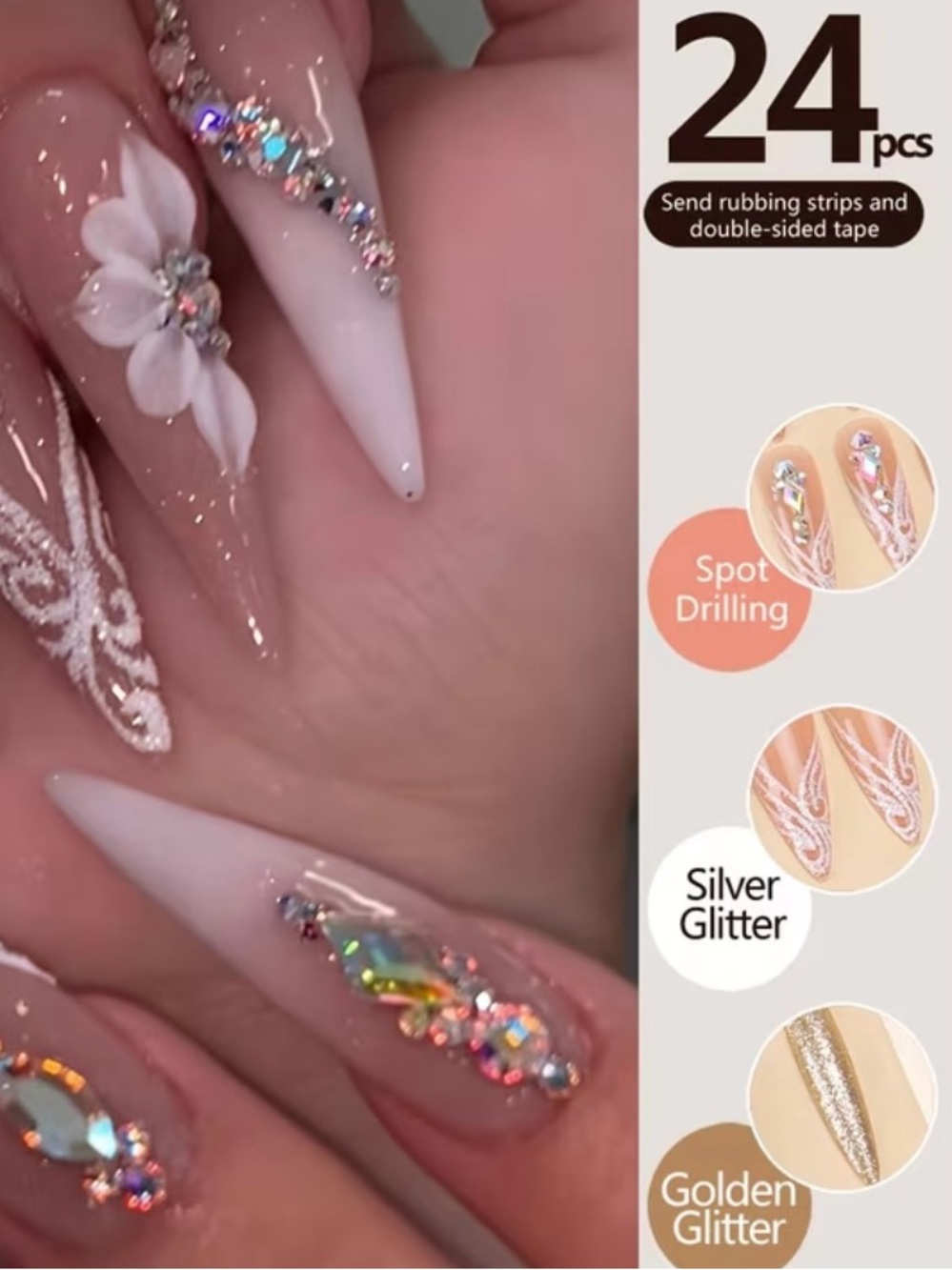 [JUST IN] Rhinestone Floral Pink Press-On Nails - Glam Stiletto Set - Picture 4 of 7